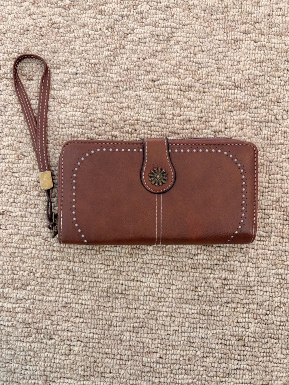 Brown Wristlet Wallet with Floral Snap Accent